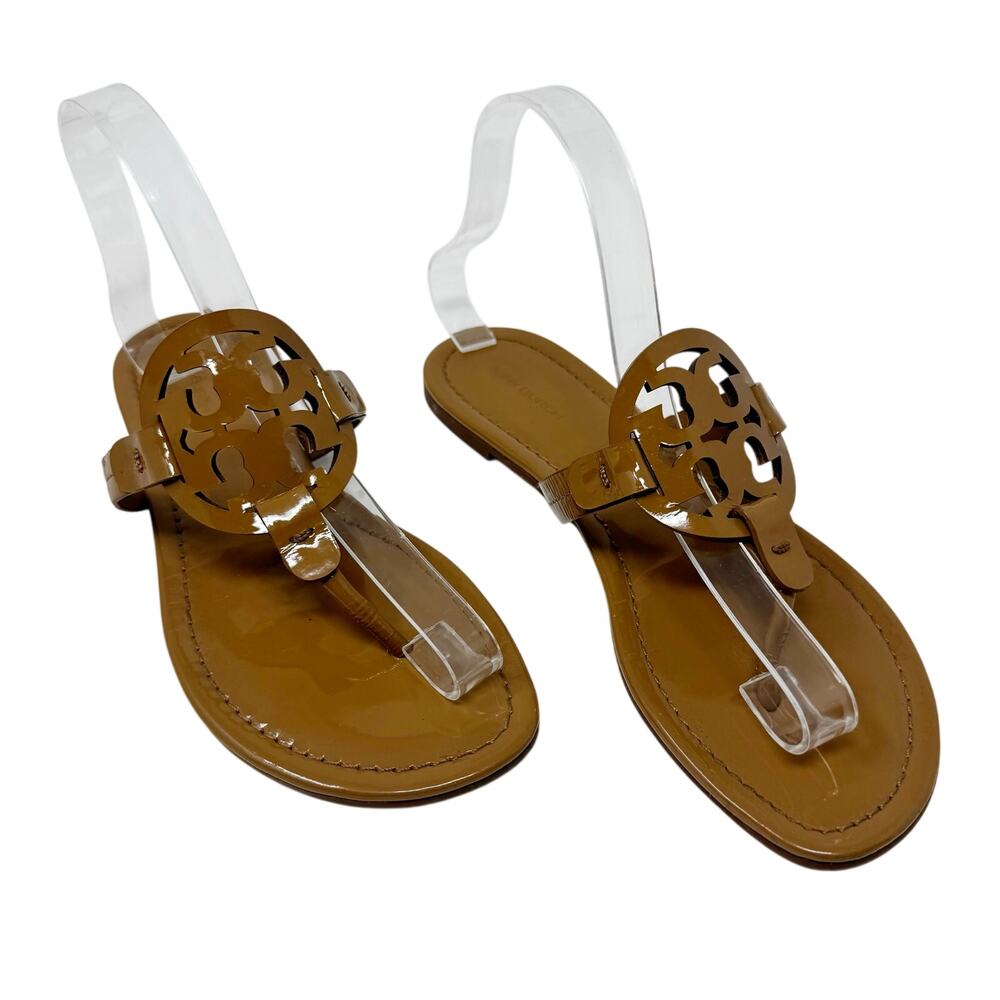 TORY BURCH Tan Caramel Patent Leather Miller Classic Designer Logo Sandals 7.5